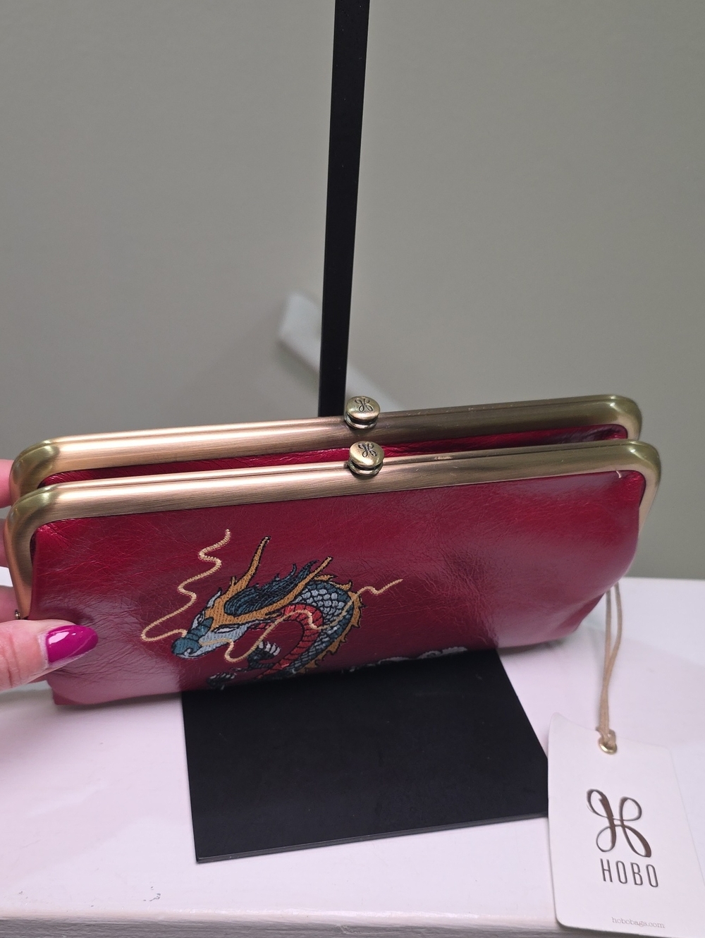 HOBO Lauren Clutch Wallet in Cardinal Red w/Embroidered Dragon NWT - Picture 7 of 15